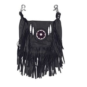 Biker Fringe Leather Crossbody Belt Bag Hip Clip Beaded Pouch Black